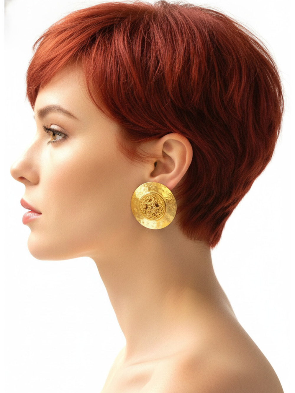 Plated Reticulated Filigree Scroll Window Clip Oversized Button Earrings SS9